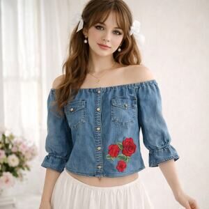 Y2K Denim Off Shoulder Peasant Crop Top S Coquette Festival Boho Rose Embroidery